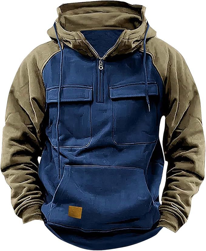 Men's Retro Cargo Hoodie - Half Zip Fleece Sweatshirt with Pockets