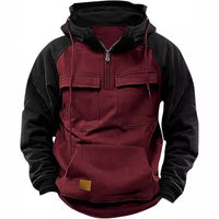 Men's Retro Cargo Hoodie - Half Zip Fleece Sweatshirt with Pockets