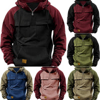 Men's Retro Cargo Hoodie - Half Zip Fleece Sweatshirt with Pockets