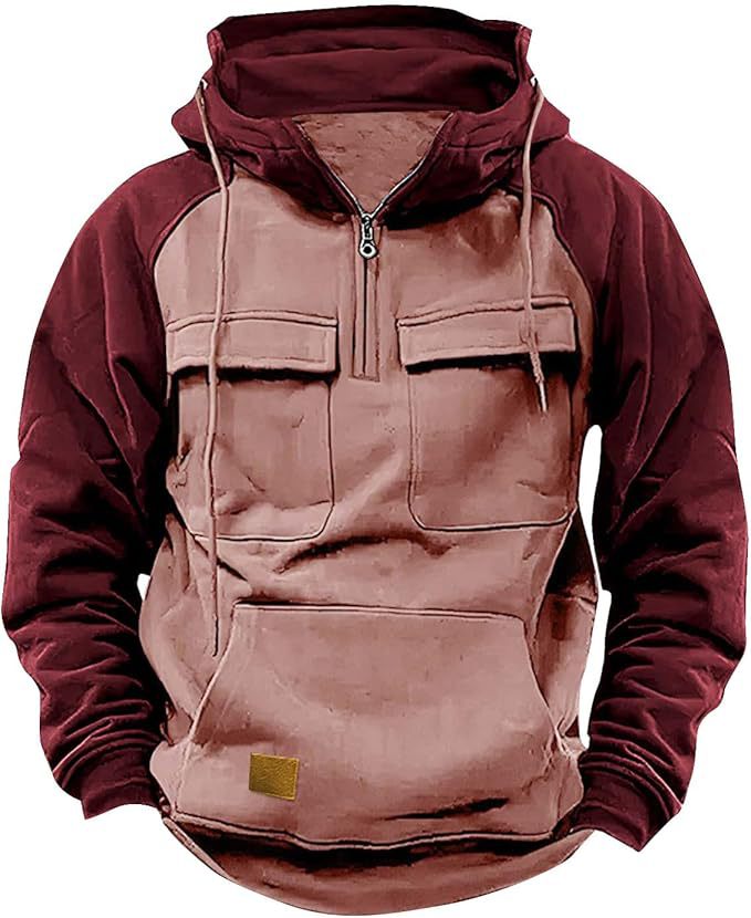 Men's Retro Cargo Hoodie - Half Zip Fleece Sweatshirt with Pockets