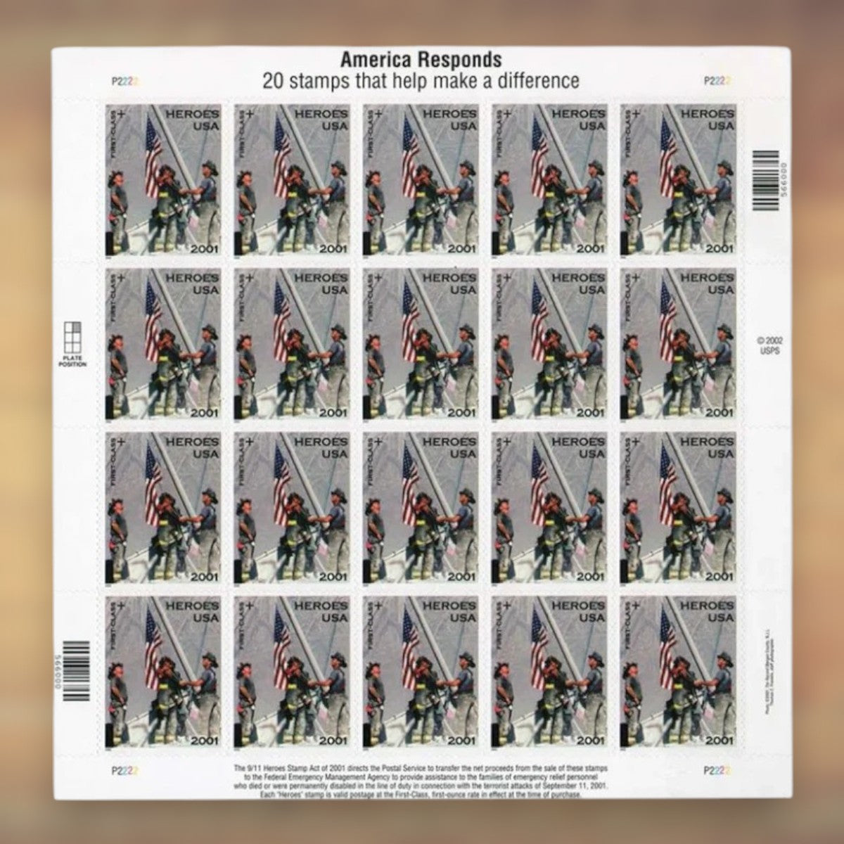 Heroes of 2001 First-Class+ Semipostal Stamps, 2002 Sheet – Letters, Cards and Stamp Collecting