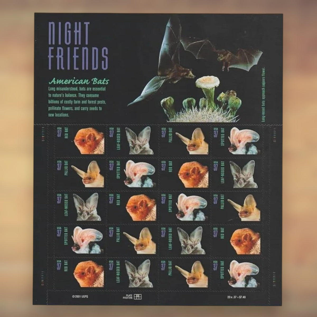 Night Friends American Bats 37¢ Postage Stamps, 2002 Sheet – Additional Postage for Cards and Letters