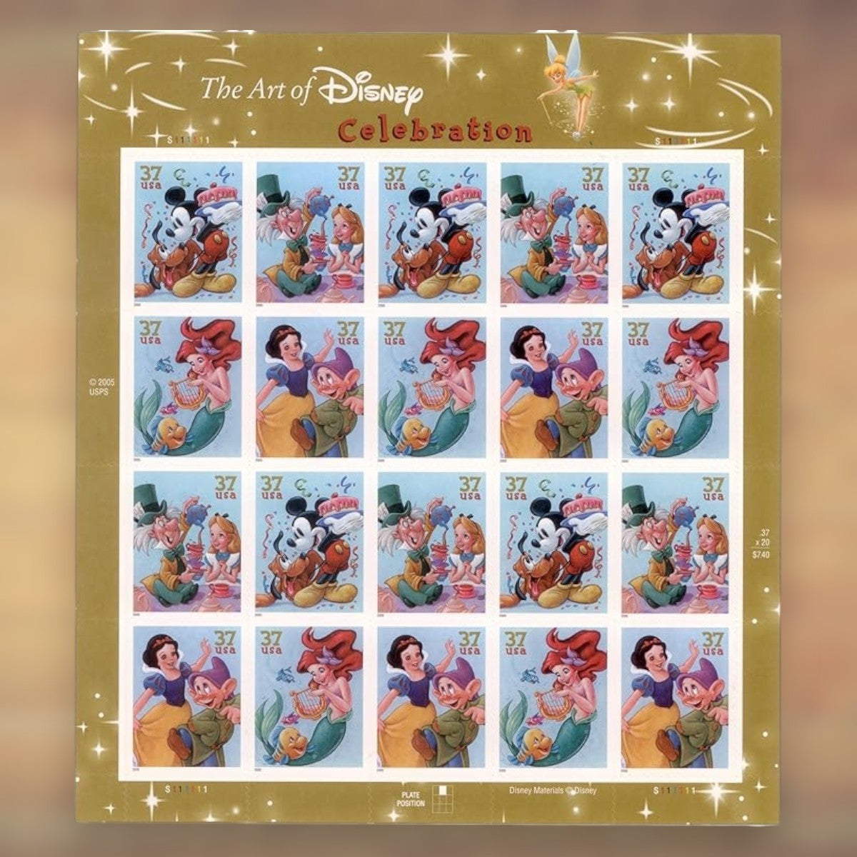 The Art of Disney: Celebration 37¢ Postage Stamps, 2005 Sheet – Additional Postage for Celebration Cards and Invitations