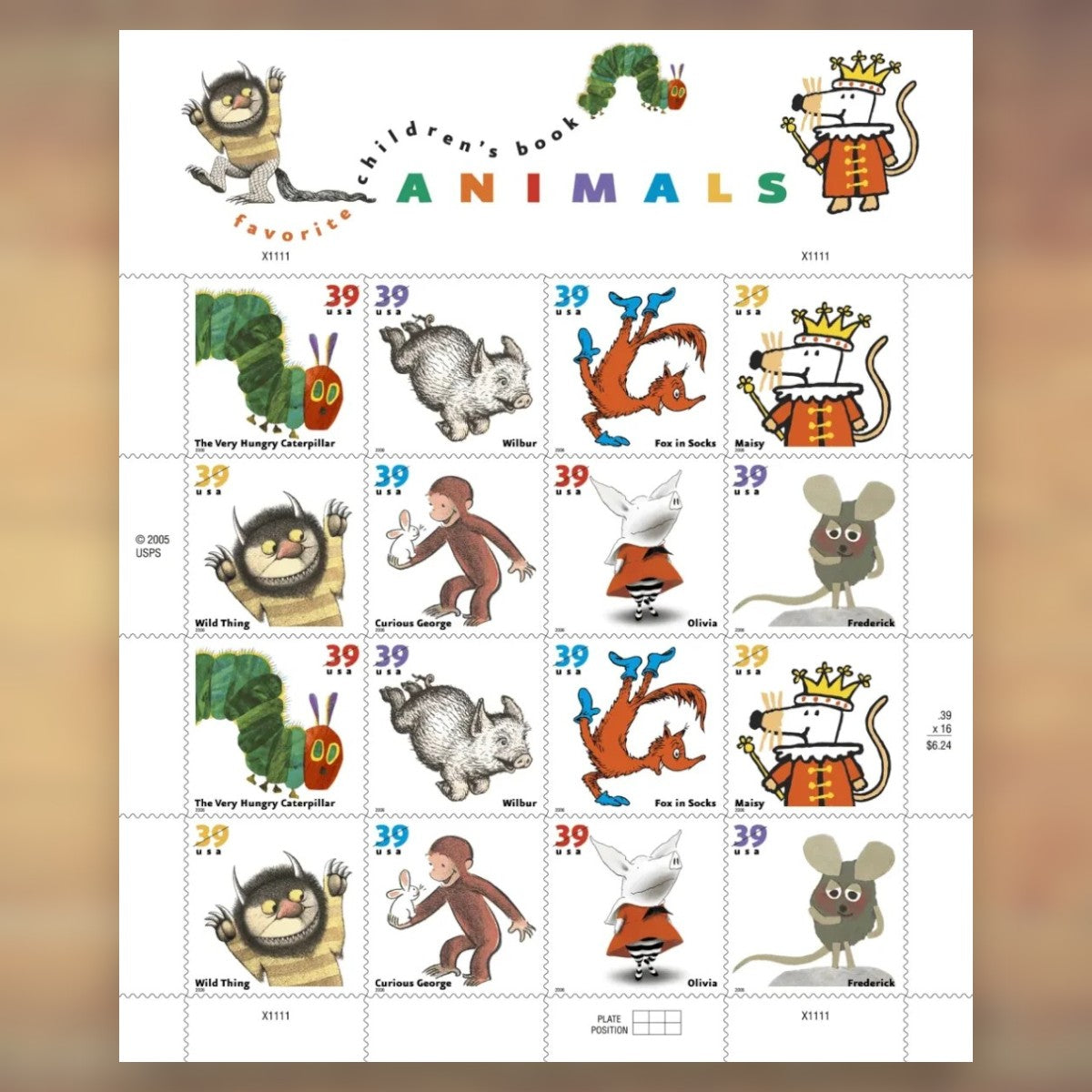 Favorite Children’s Book Animals 39¢ Postage Stamps, 2006 Sheet – Additional Postage for Cards and Letters