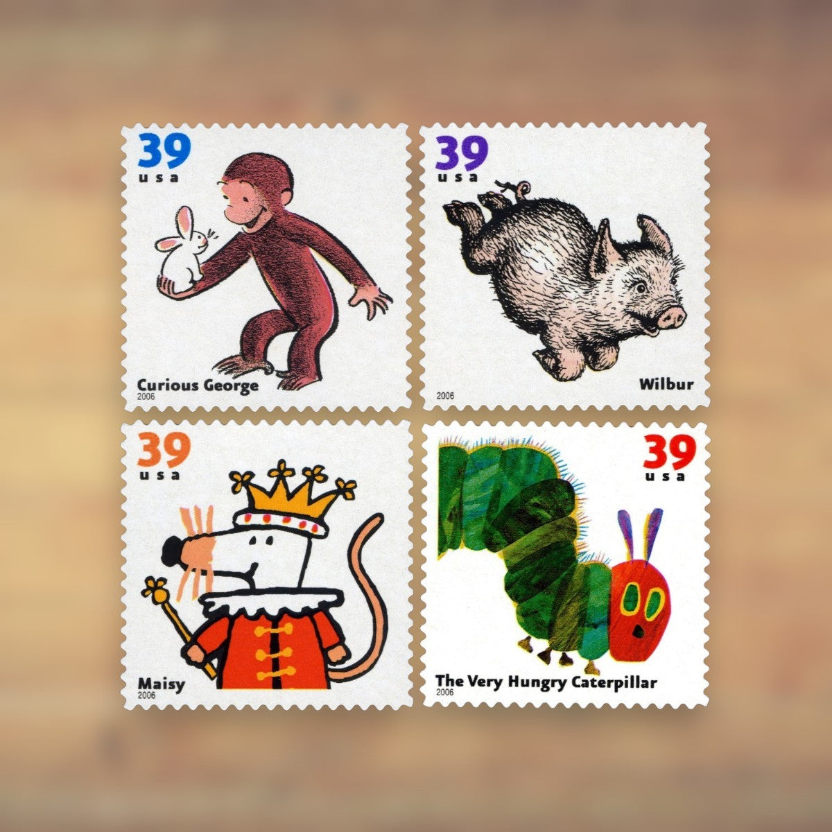 Favorite Children’s Book Animals 39¢ Postage Stamps, 2006 Sheet – Additional Postage for Cards and Letters
