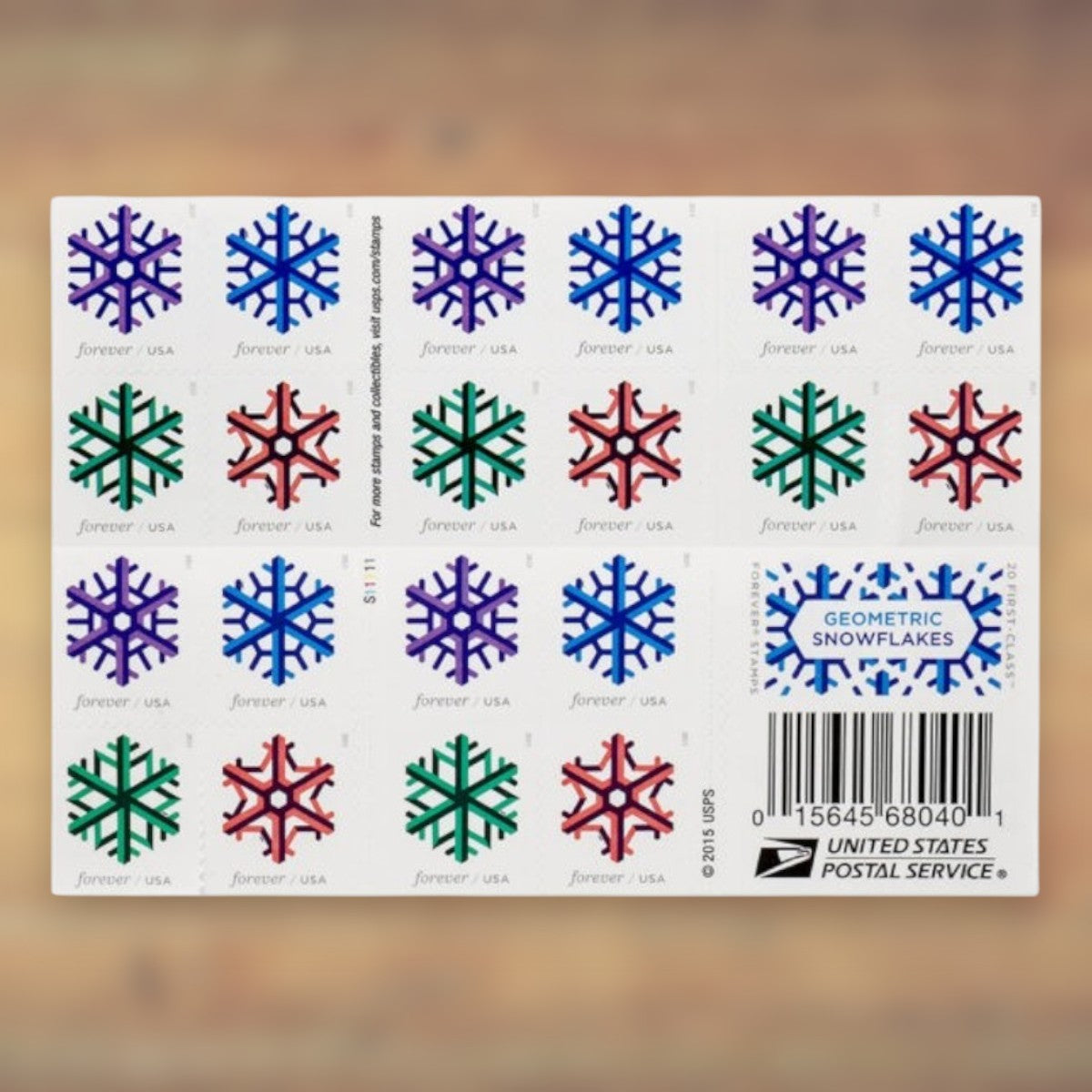 Geometric Snowflakes Forever Stamps, 2015 Booklet – Holiday Cards and Letters