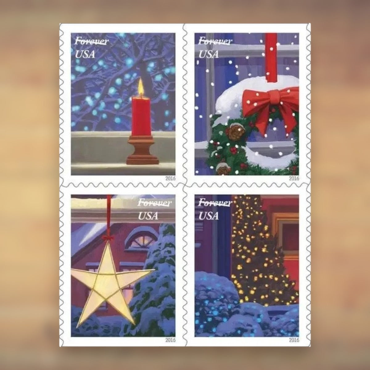Holiday Windows Forever Stamps, 2016 Booklet – Holiday Cards and Letters