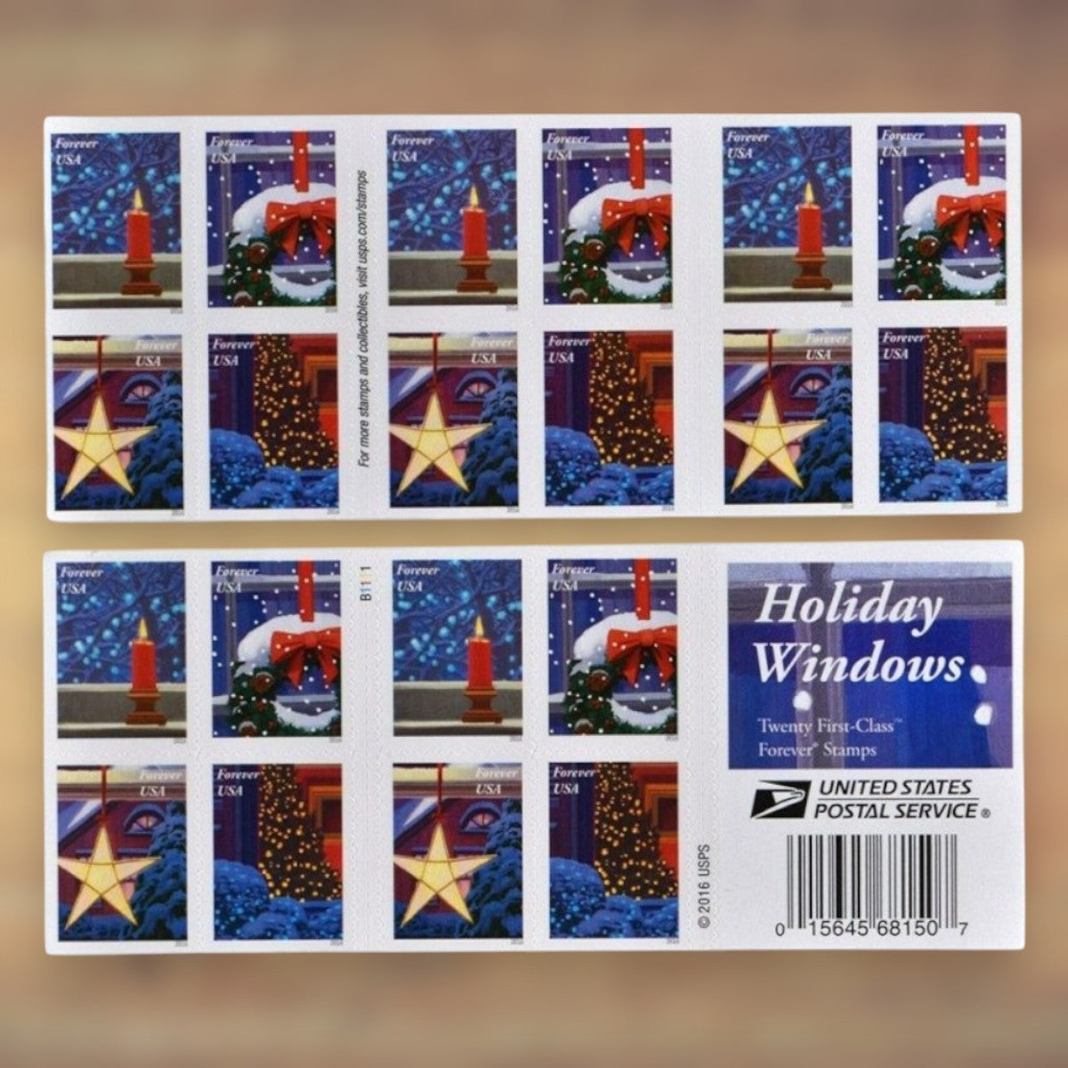 Holiday Windows Forever Stamps, 2016 Booklet – Holiday Cards and Letters