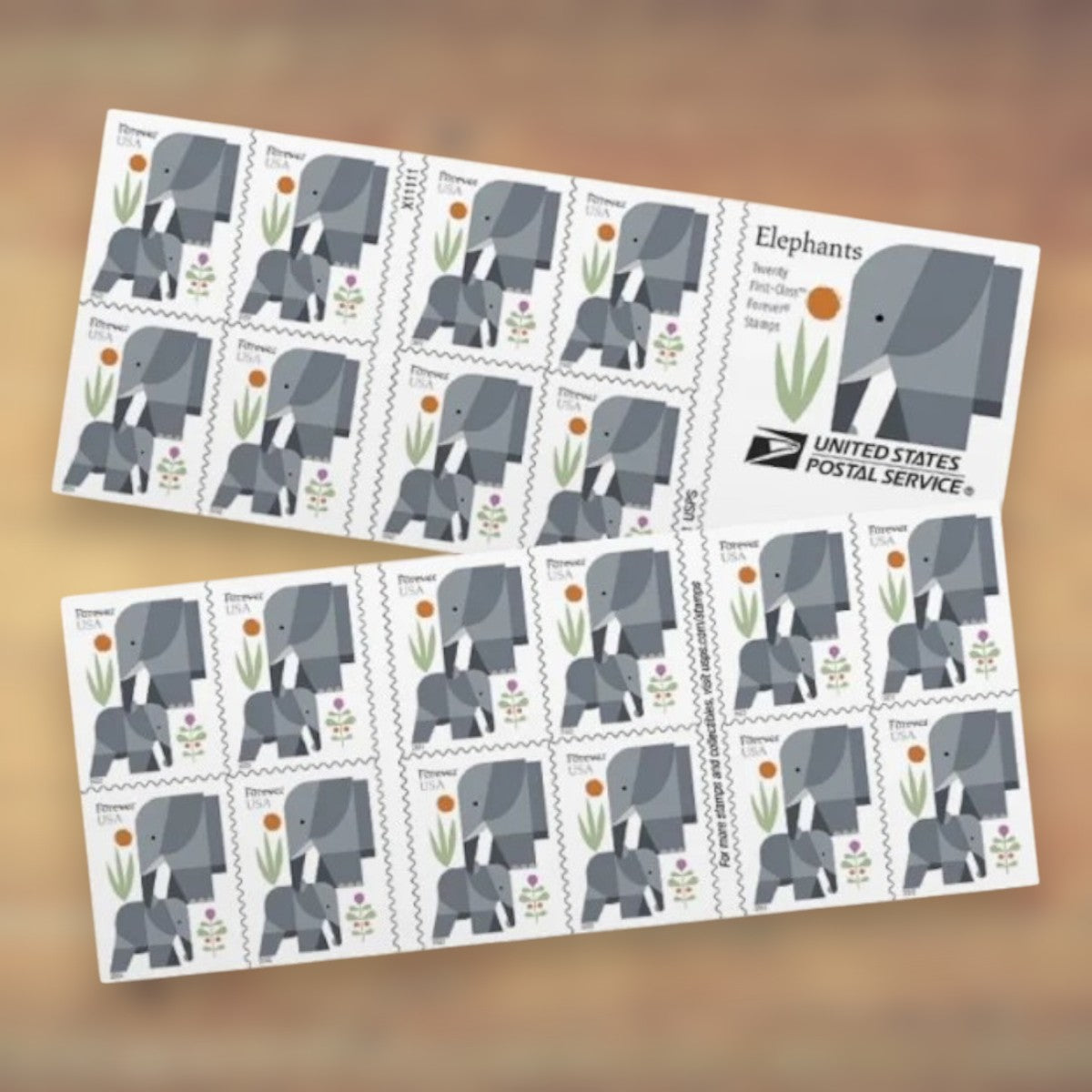 Elephants Forever Stamps, 2022 Booklet – Greeting Cards, Letters and Wildlife Mail
