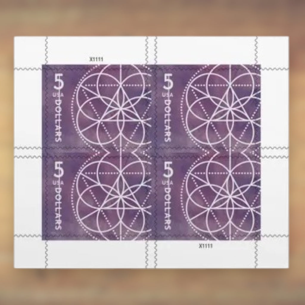 $5 Floral Geometry Postage Stamps, 2022 Sheet of 4 – Packages and Large Envelopes