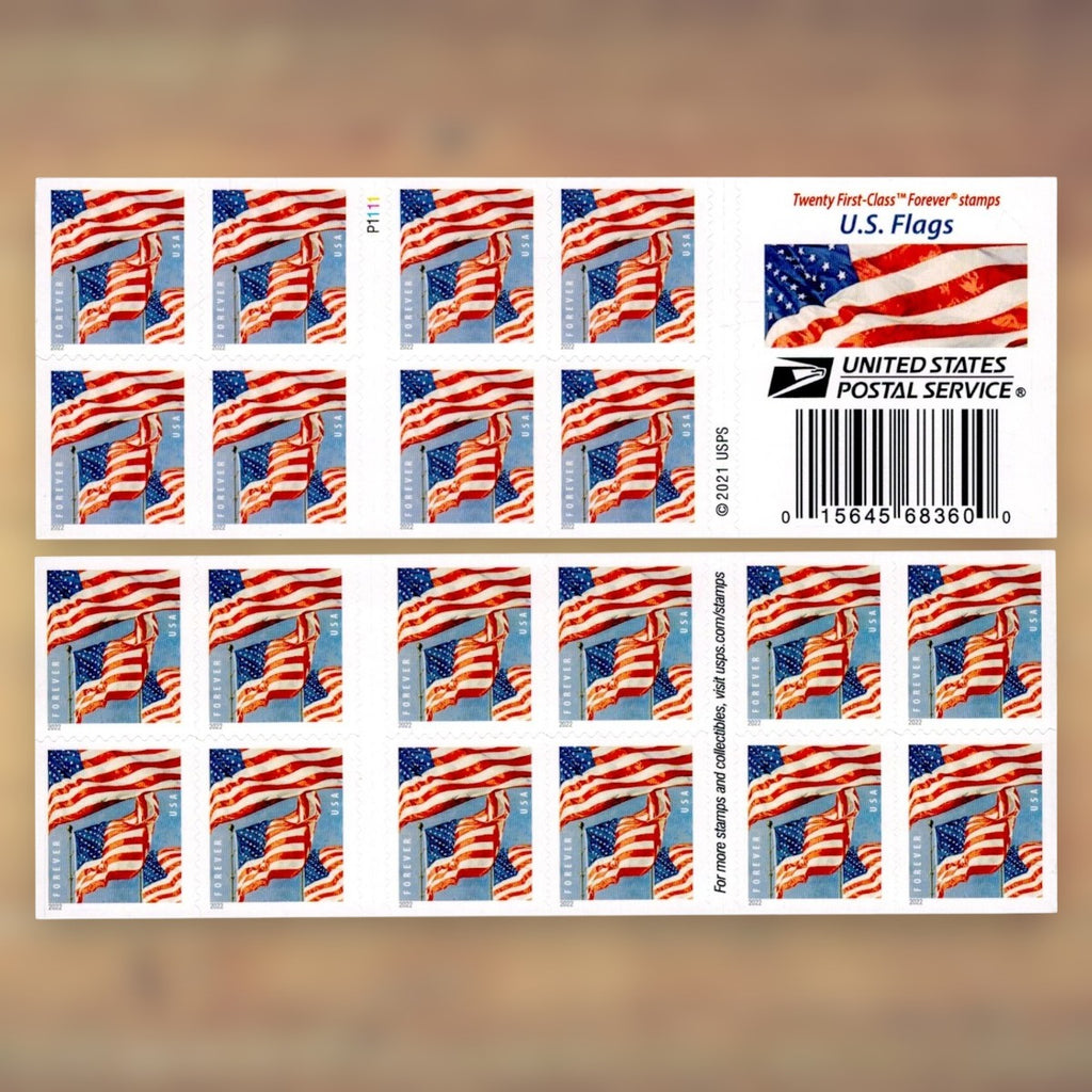 2022 U.S. Flags Forever Stamps – 250/500/1250/2500 Booklets, 100 Stamps per Booklet