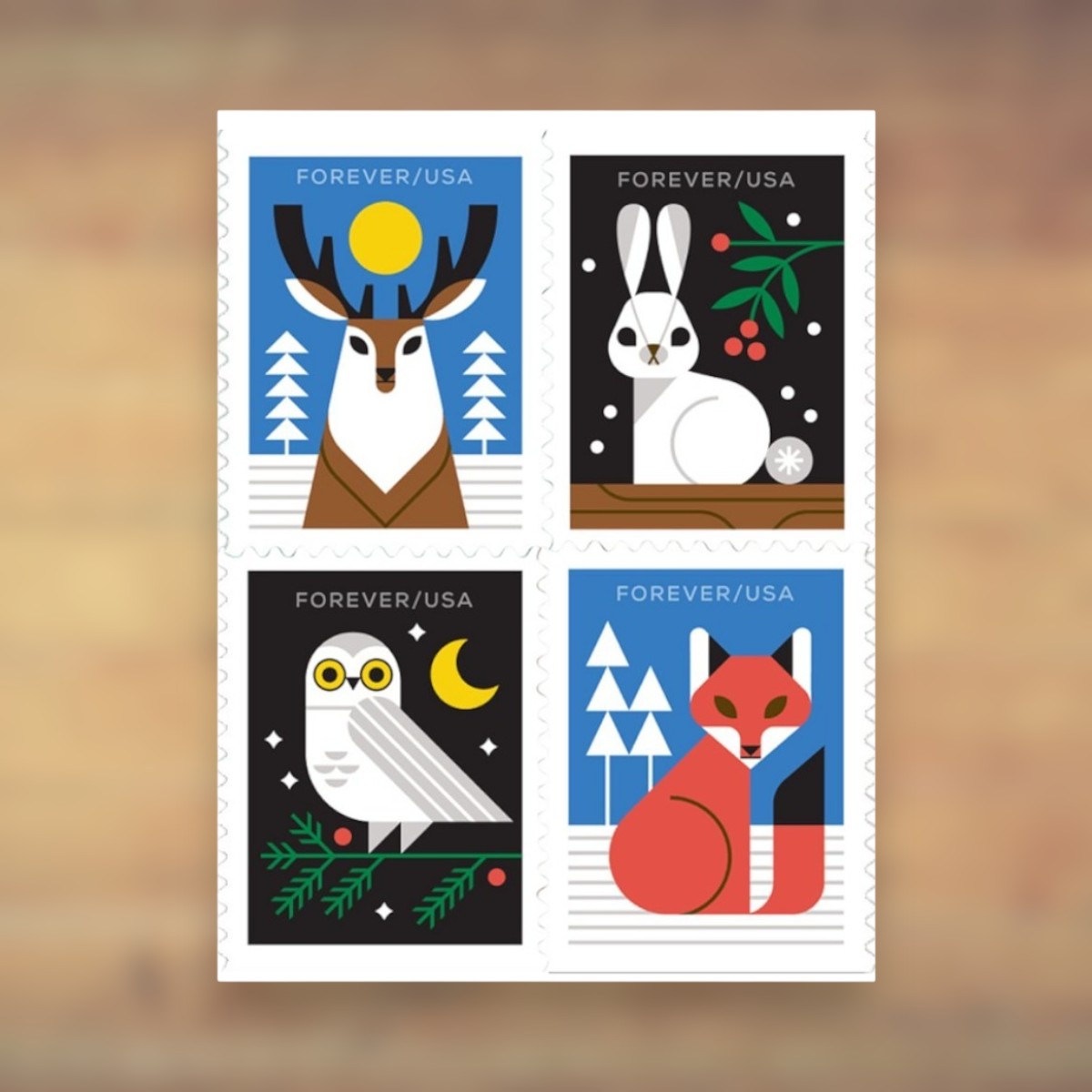Winter Woodland Animals Forever Stamps, 2023 Booklet – Winter Cards and Letters