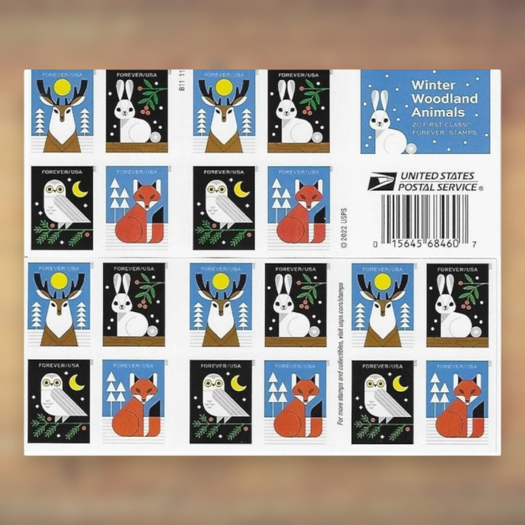 Winter Woodland Animals Forever Stamps, 2023 Booklet – Winter Cards and Letters