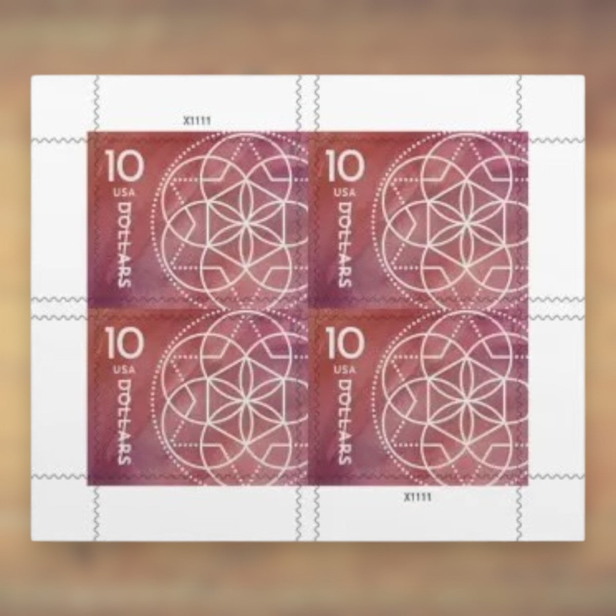 $10 Floral Geometry Postage Stamps, 2023 Sheet – Packages and Large Envelopes