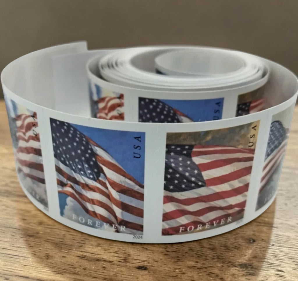 2024 U.S. Flags Forever Stamps – 50/100/250/500 Rolls, 100 Stamps per Roll