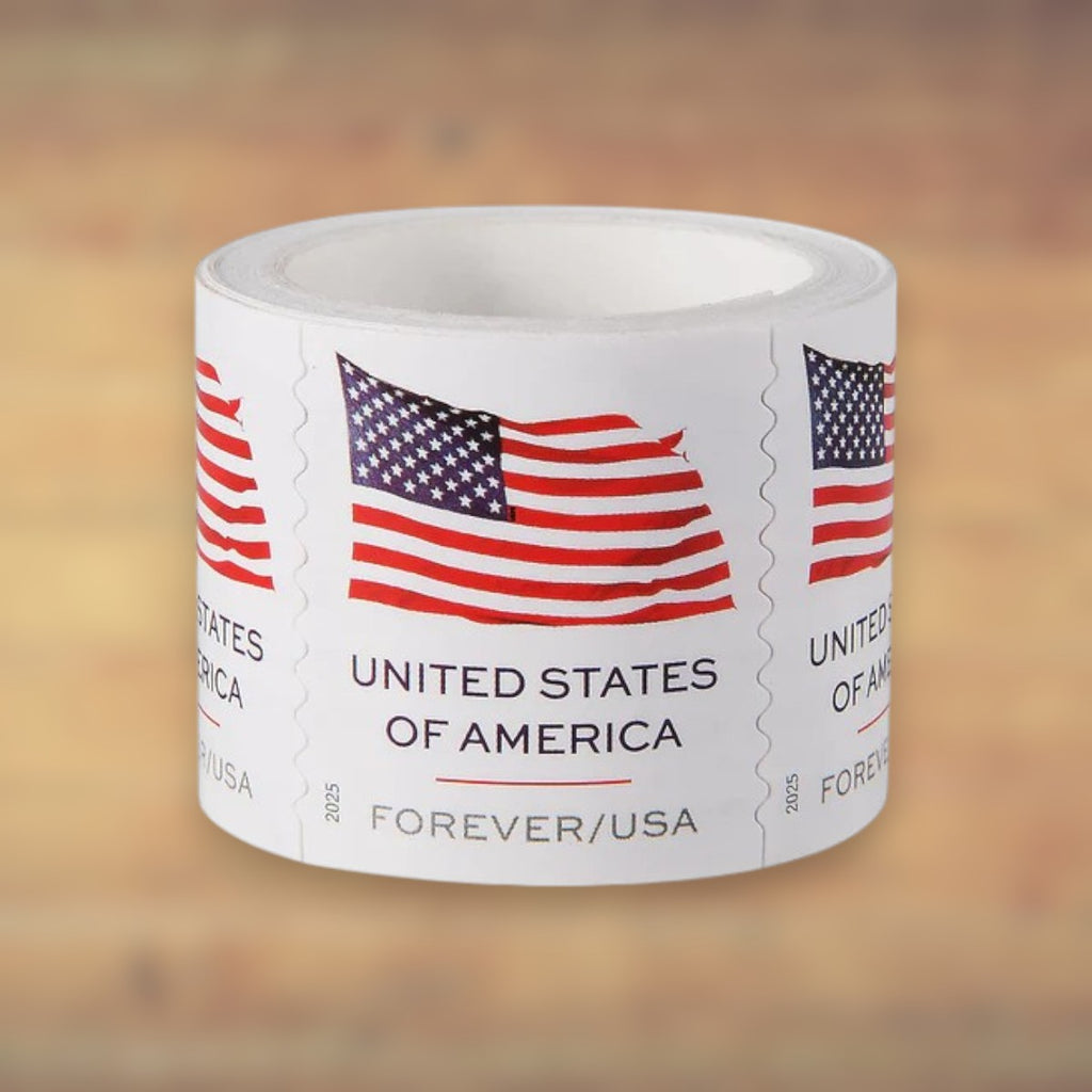 2025 U.S. Flags Forever Stamps – 50/100/250/500 Rolls, 100 Stamps per Roll