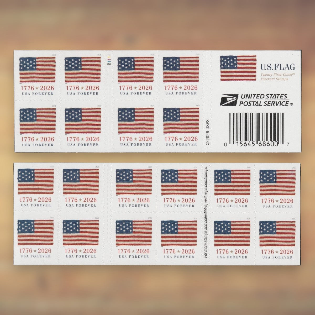 2026 U.S. Flags Forever Stamps – 250/500/1250/2500 Booklets, 100 Stamps per Booklet