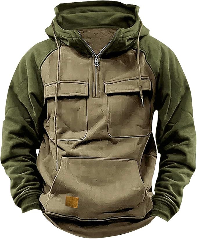 Men's Retro Cargo Hoodie - Half Zip Fleece Sweatshirt with Pockets