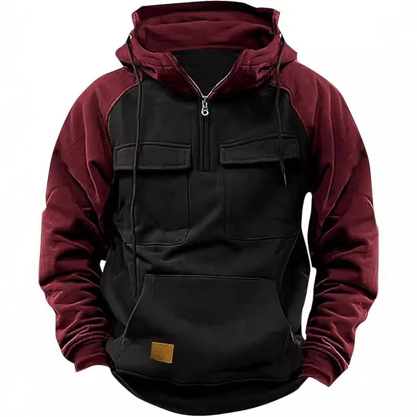 Men's Retro Cargo Hoodie - Half Zip Fleece Sweatshirt with Pockets
