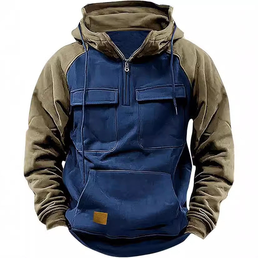 Men's Retro Cargo Hoodie - Half Zip Fleece Sweatshirt with Pockets