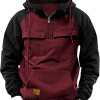 Men's Retro Cargo Hoodie - Half Zip Fleece Sweatshirt with Pockets