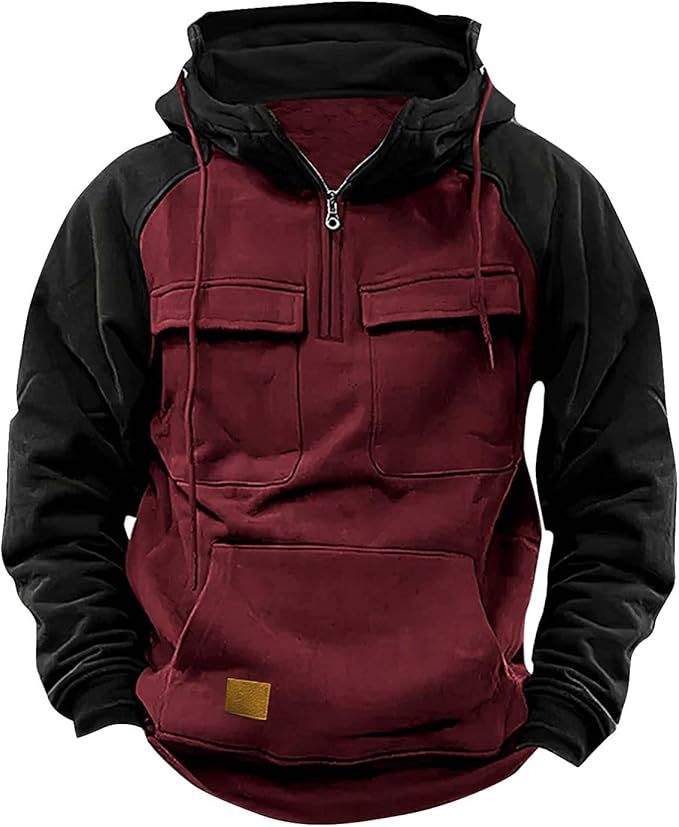 Men's Retro Cargo Hoodie - Half Zip Fleece Sweatshirt with Pockets