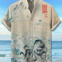 Mens Printed Short-Sleeve Stand-Up Collar Top
