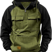 Men's Retro Cargo Hoodie - Half Zip Fleece Sweatshirt with Pockets