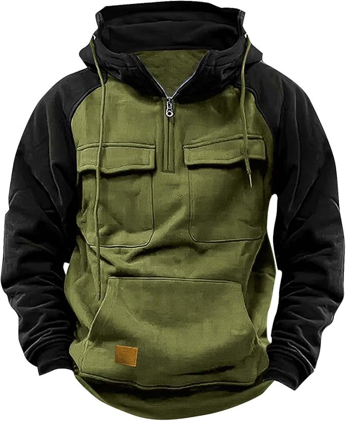 Men's Retro Cargo Hoodie - Half Zip Fleece Sweatshirt with Pockets
