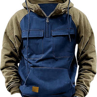 Men's Retro Cargo Hoodie - Half Zip Fleece Sweatshirt with Pockets