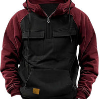 Men's Retro Cargo Hoodie - Half Zip Fleece Sweatshirt with Pockets