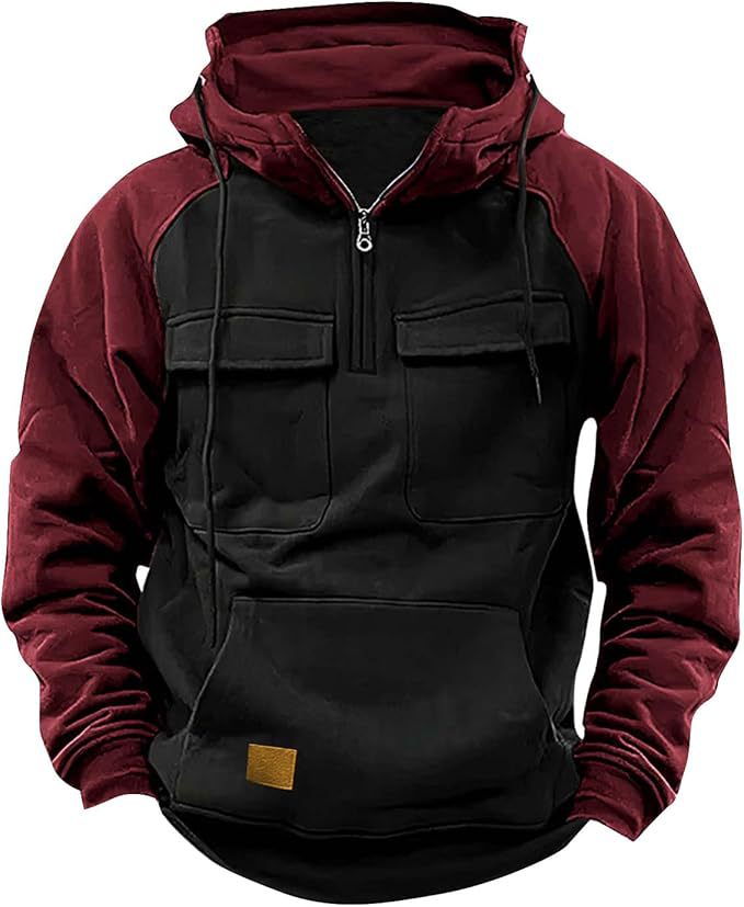 Men's Retro Cargo Hoodie - Half Zip Fleece Sweatshirt with Pockets