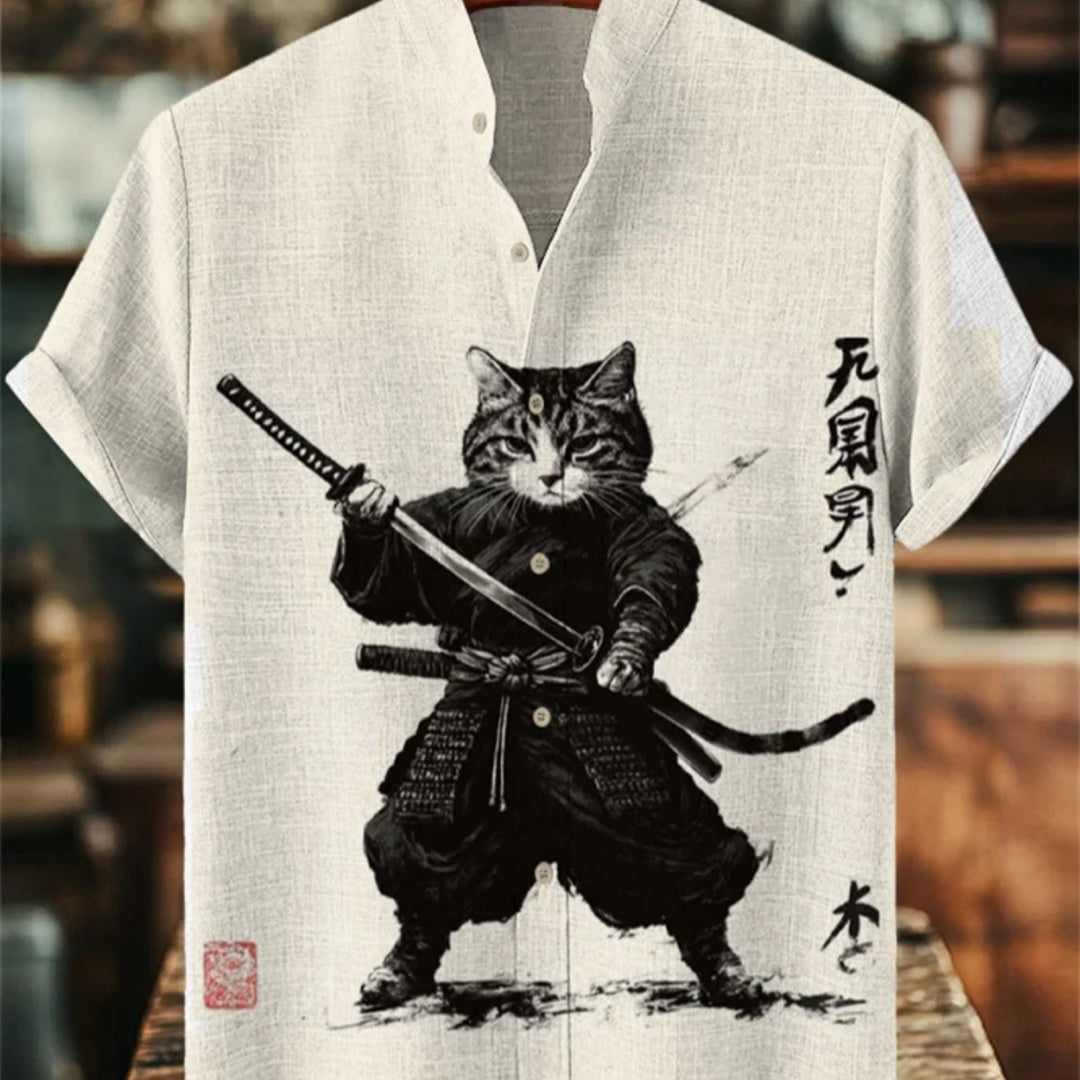 Mens Printed Short-Sleeve Stand-Up Collar Top