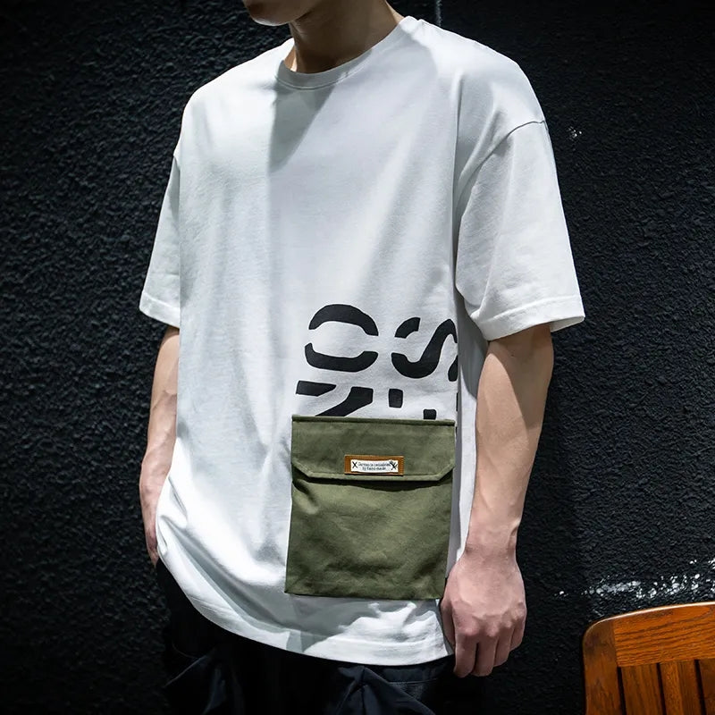 Men's Summer Loose Plus Size Pocket Printed Top T-shirt With Short Sleeves