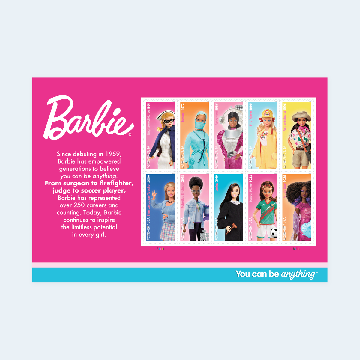 2026 Barbie Forever Stamps: Career Designs in Self-Adhesive Sheets, product image 1