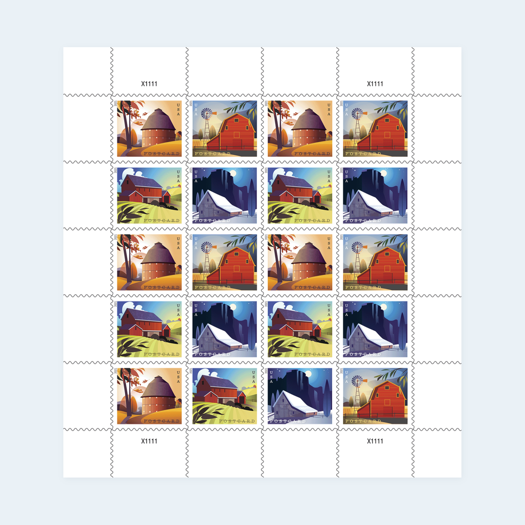 2021 Barns Postcard Stamps: Self-Adhesive Sheet for Domestic Postcards, product image 1