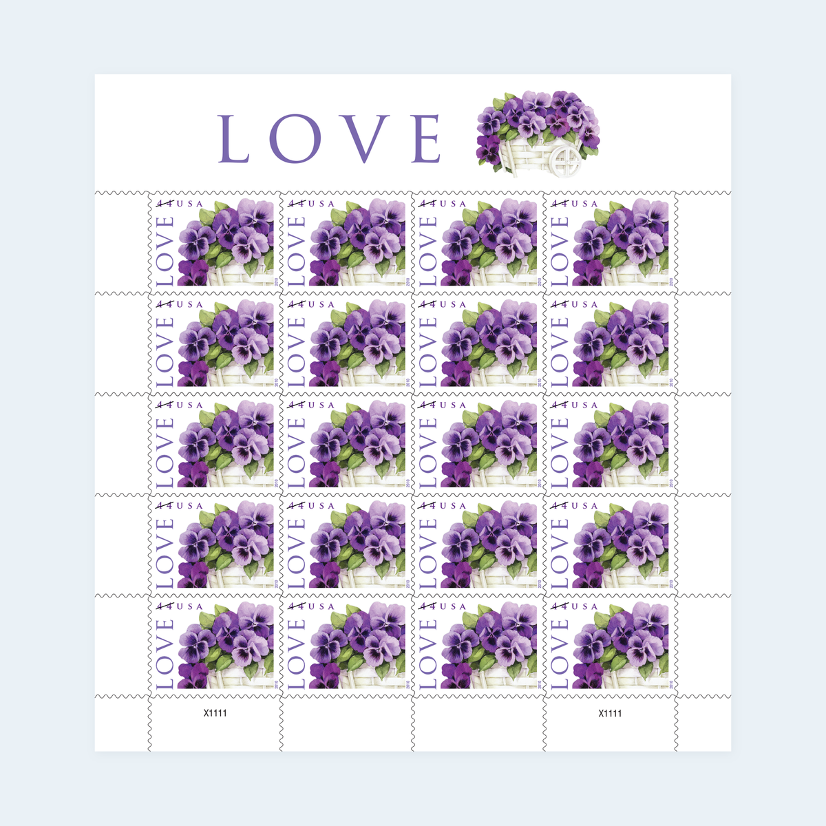 2010 Love Pansies in a Basket Postage Stamps: Self-Adhesive Sheet for Letter Mail, product image 1