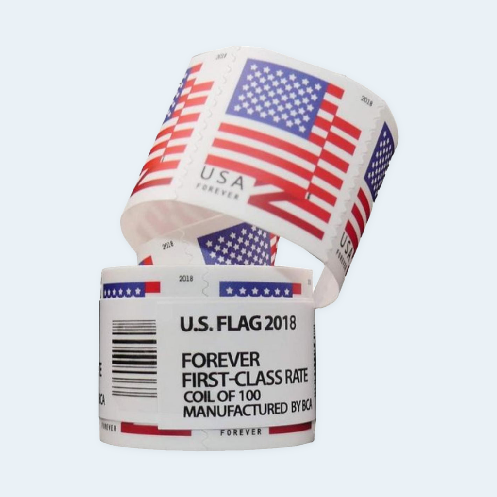 2018 U.S. flag coil, real 2018 BCA roll with raised curved stamp strip, no plastic wrapping