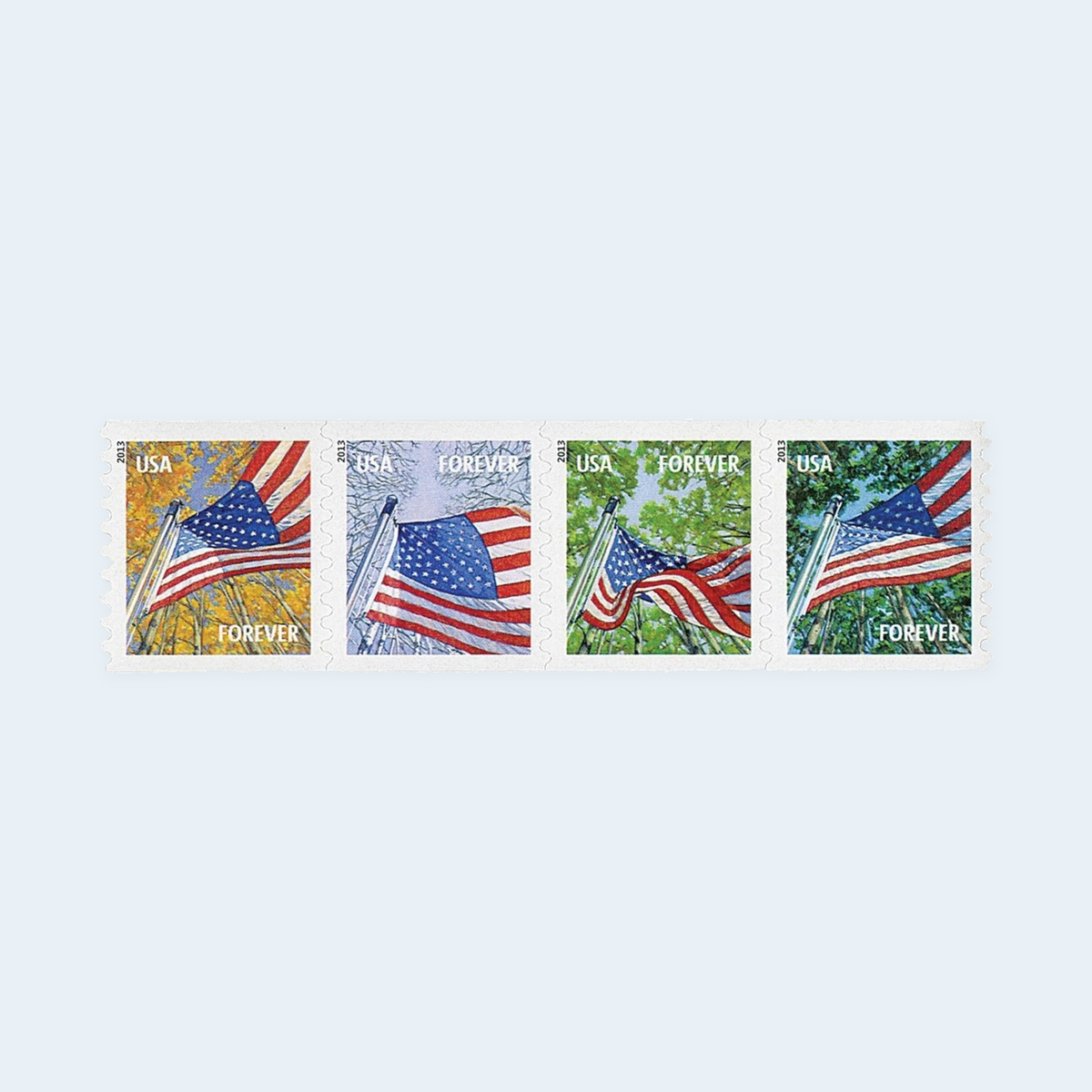 2013 U.S. flag coil, four-season coil strip design detail main image (four actual stamps, not a full roll)
