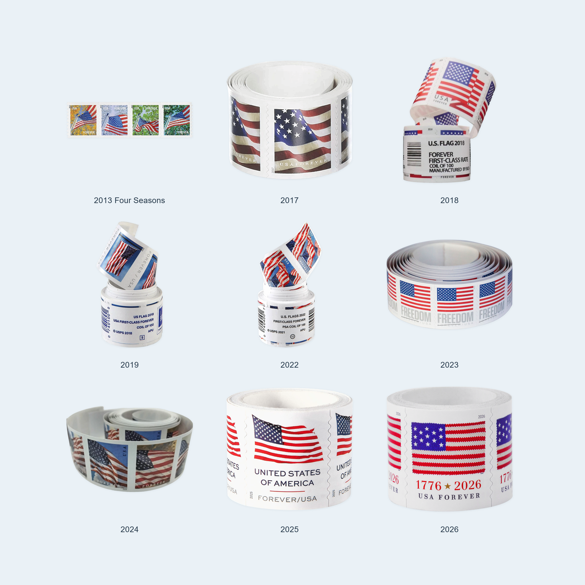 Nine U.S. flag coil designs available in rolls of 100 stamps