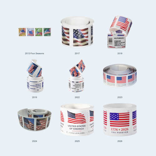 Nine U.S. flag coil designs available in rolls of 100 stamps