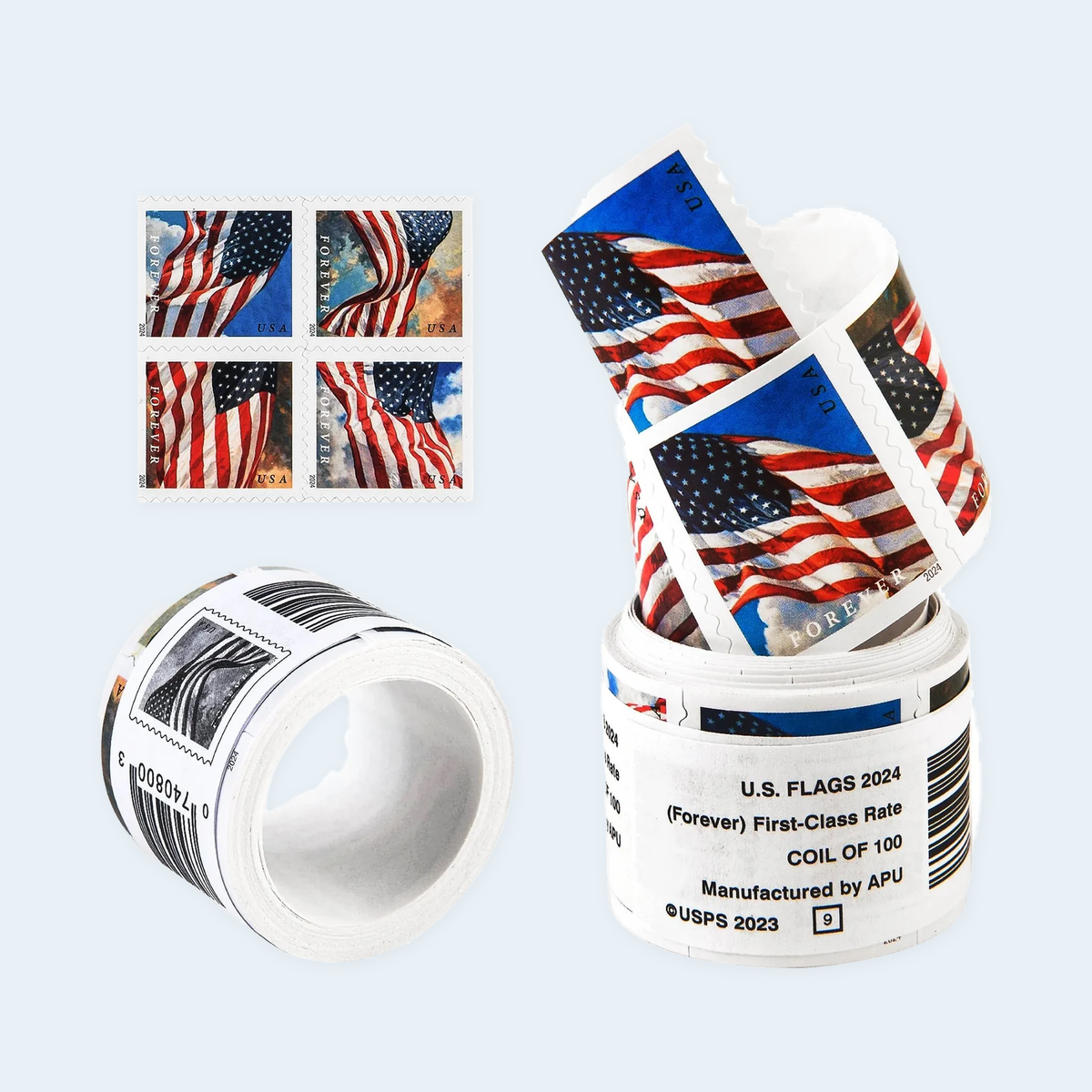 2024 U.S. flag coil, four face details, tilted roll, opened roll