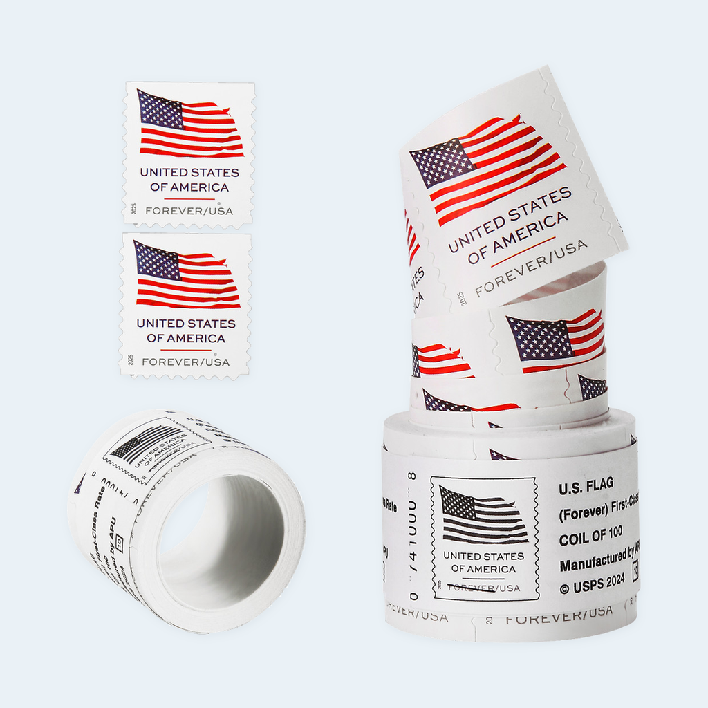 2025 U.S. flag coil, two face details, tilted roll, opened roll
