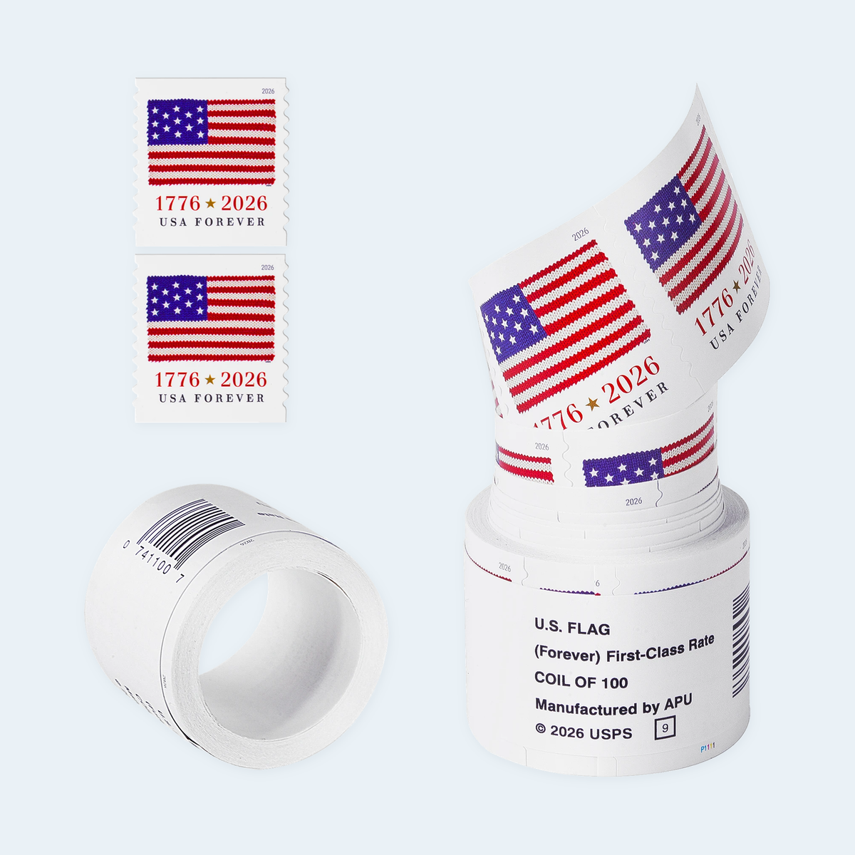 2026 U.S. flag coil, two face details, tilted roll, opened roll