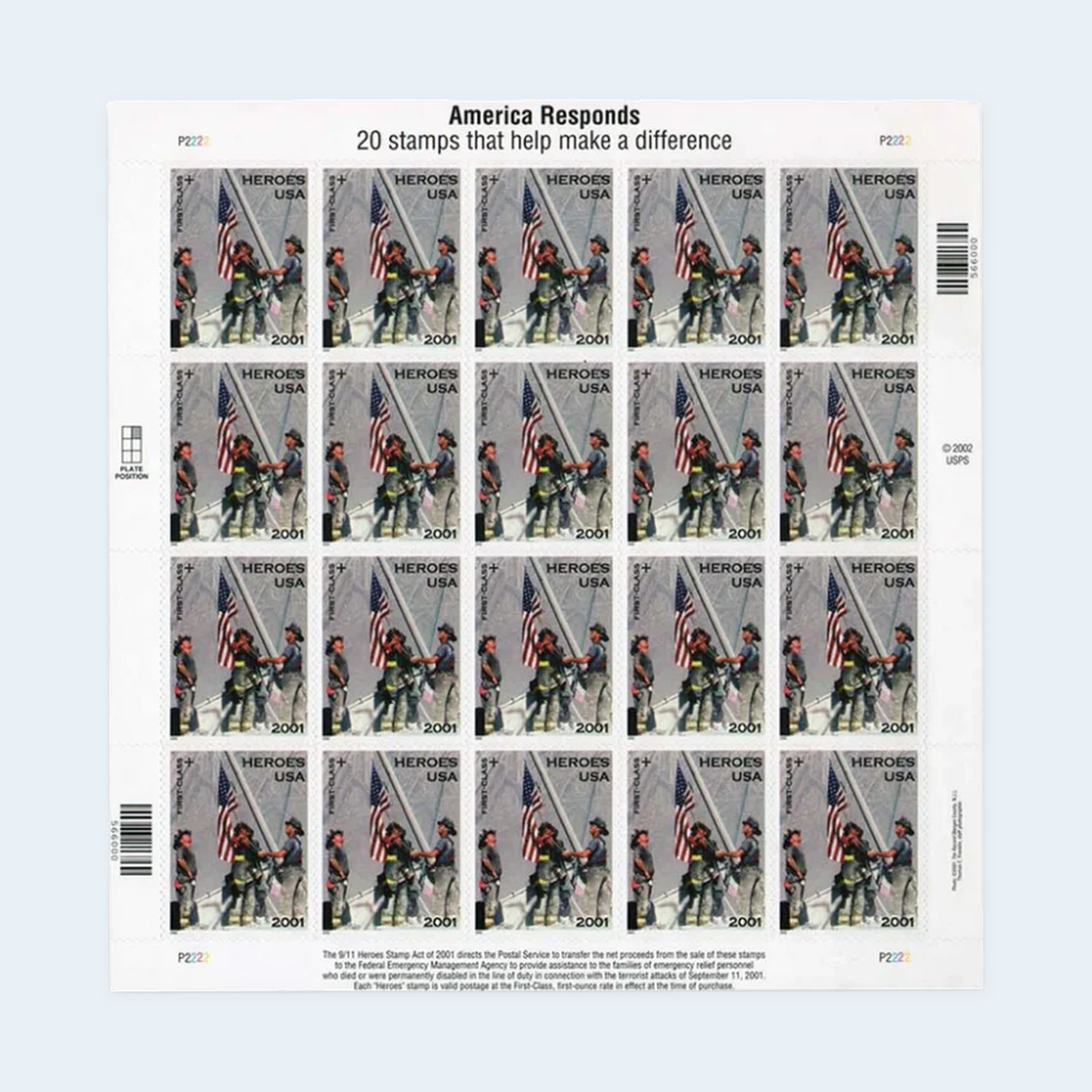 2002 Heroes of 2001 Semipostal Stamps: Self-Adhesive Sheet for Letter Mail, product image 1