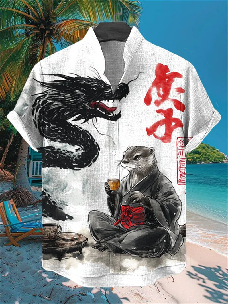 Mens Printed Short-Sleeve Stand-Up Collar Top