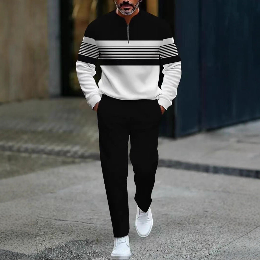 Mens Casual Fashion Long-Sleeve Top And Pants Set With A Half-Open Placket And Zipper