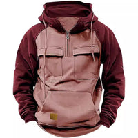 Men's Retro Cargo Hoodie - Half Zip Fleece Sweatshirt with Pockets