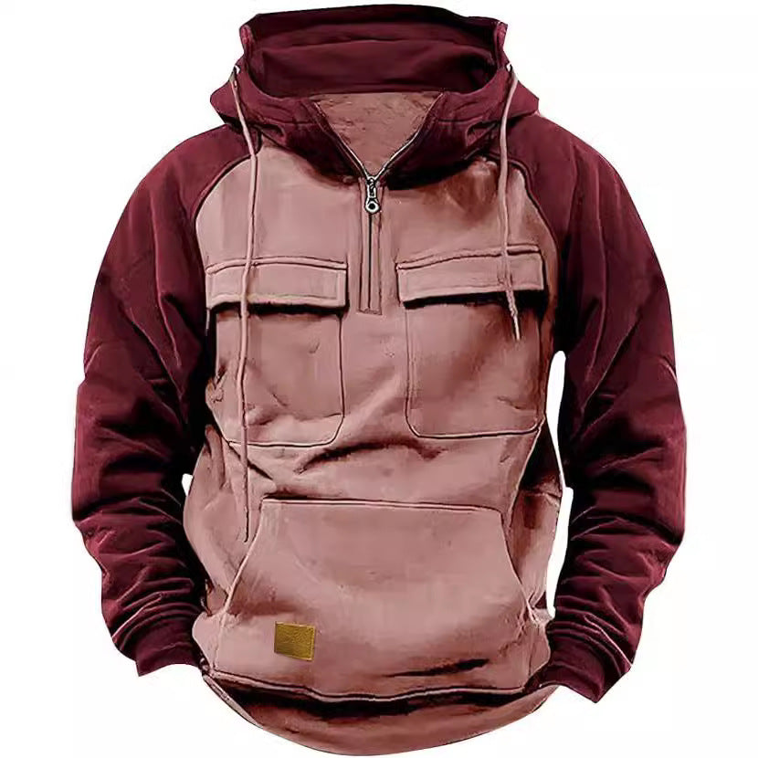 Men's Retro Cargo Hoodie - Half Zip Fleece Sweatshirt with Pockets