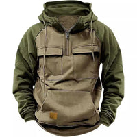 Men's Retro Cargo Hoodie - Half Zip Fleece Sweatshirt with Pockets